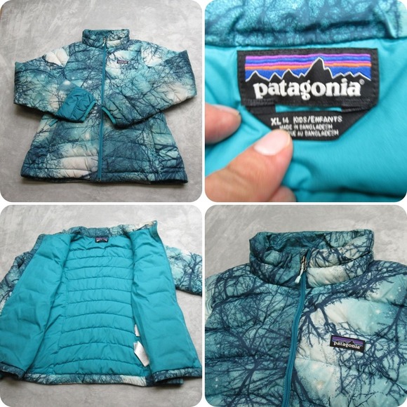 Patagonia Other - Patagonia Down Sweater Down‎ Jacket Girls XL 14 Teal Tree Print Puffer Warm READ